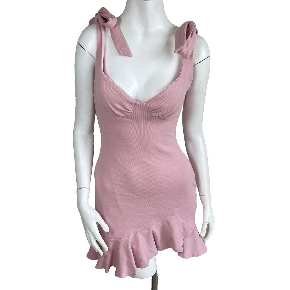 Hello Molly Ribbed Tie Shoulder Bustier Mini Dress M Pink Coquette Party Femenin